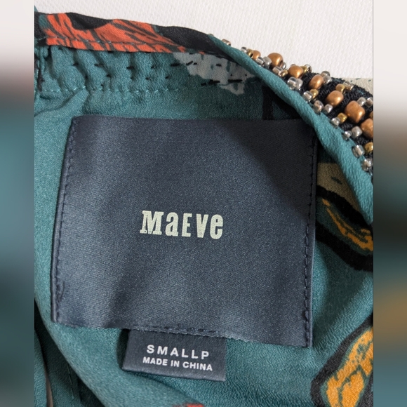 Maeve Anthropologie Mini Dress Green Peonies 3/4 Sleeve Small Beaded Neck Sz PS - Picture 9 of 14